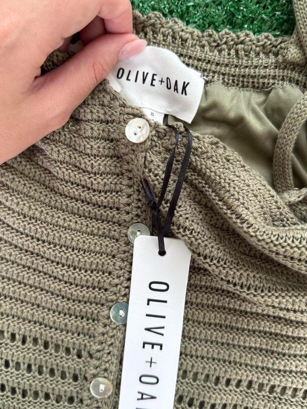 Olive & Oak Crochet Button-Front dress in Olive